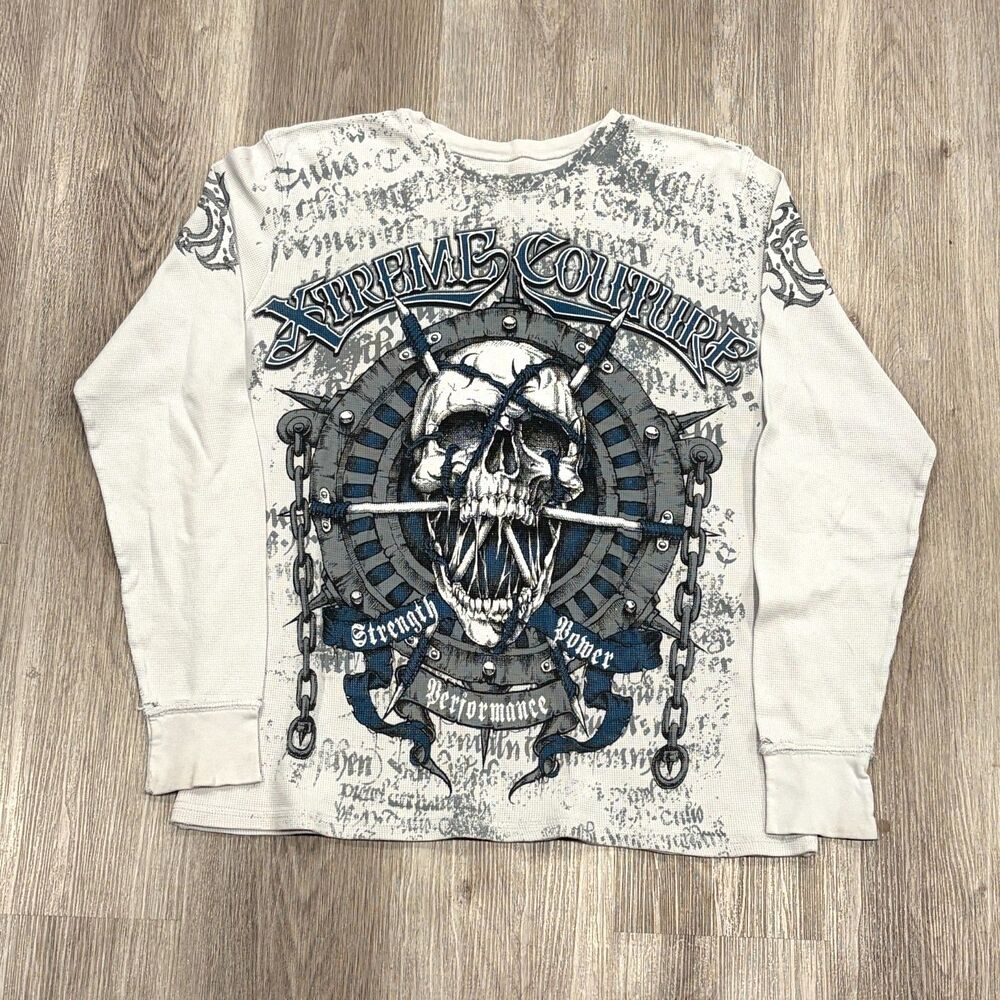 Vintage 00s Y2K Xtreme Couture Skull Thermal White Grunge Affliction Men's Sz L
